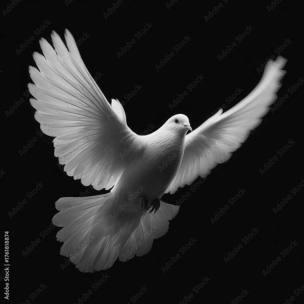 Fototapeta premium White dove flying gracefully on black background, symbol of peace and purity.