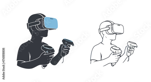 Silhouette of Person Wearing VR Headset and Holding Controllers.
