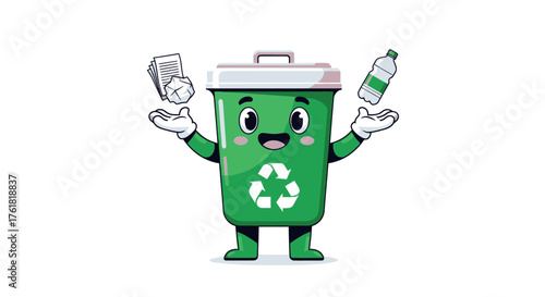 Cheerful Green Recycling Bin Character Juggling Recyclable Items.