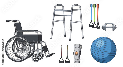 Essential Medical Rehabilitation and Mobility Aids Collection with Wheelchair Walkers and Exercise Gear.