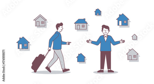 Two men surrounded by houses one with a suitcase symbolizing real estate choices.
