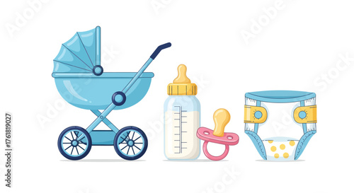 Set of Baby Items: Stroller Bottle Pacifier and Diaper.