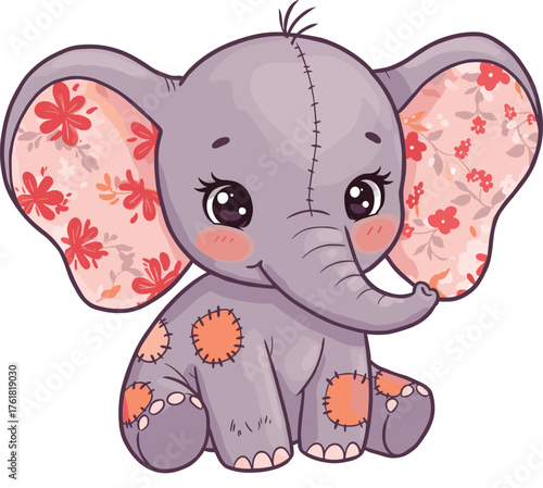 Cute cartoon baby elephant with floral ears, plush toy style, sitting pose, rosy cheeks, nursery illustration, kids decor, animal art