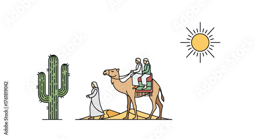 Desert Scene with Camel Travelers Cactus and Sun Illustration.