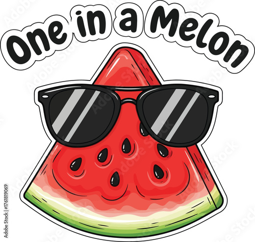 Funny 'One in a Melon' Hand-Drawn Circular Quote Vector Design with Cartoon Watermelon Slice and Sunglasses
