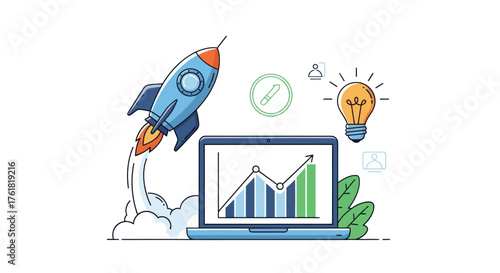 Blue Rocket Launching from Laptop Screen with Growth Chart and Lightbulb.