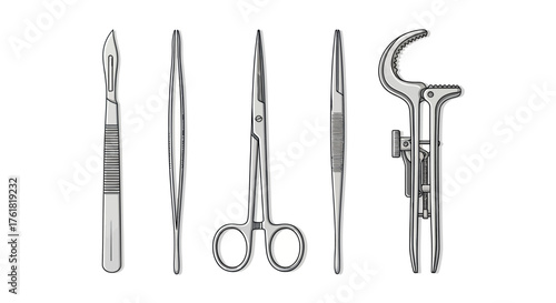 Surgical Instruments Set: Scalpel Forceps Scissors and Retractor.