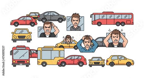 Collection of Cars Buses and Frustrated Drivers in Traffic Jam.