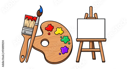 Cartoon artists palette paintbrushes and easel with blank canvas.