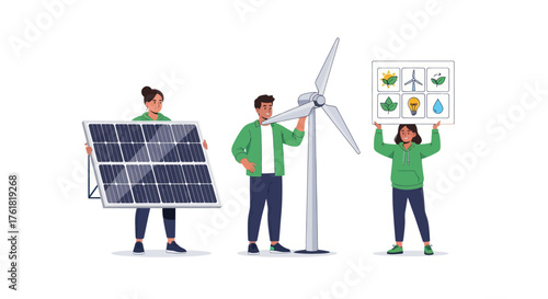 People Promoting Renewable Energy with Solar Panel Wind Turbine and Eco-Friendly Icons.