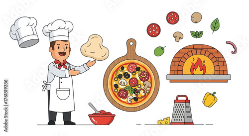 Cheerful Chef Preparing Pizza with Ingredients and Wood-Fired Oven.