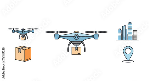 Futuristic drone delivery service with urban cityscape and package.