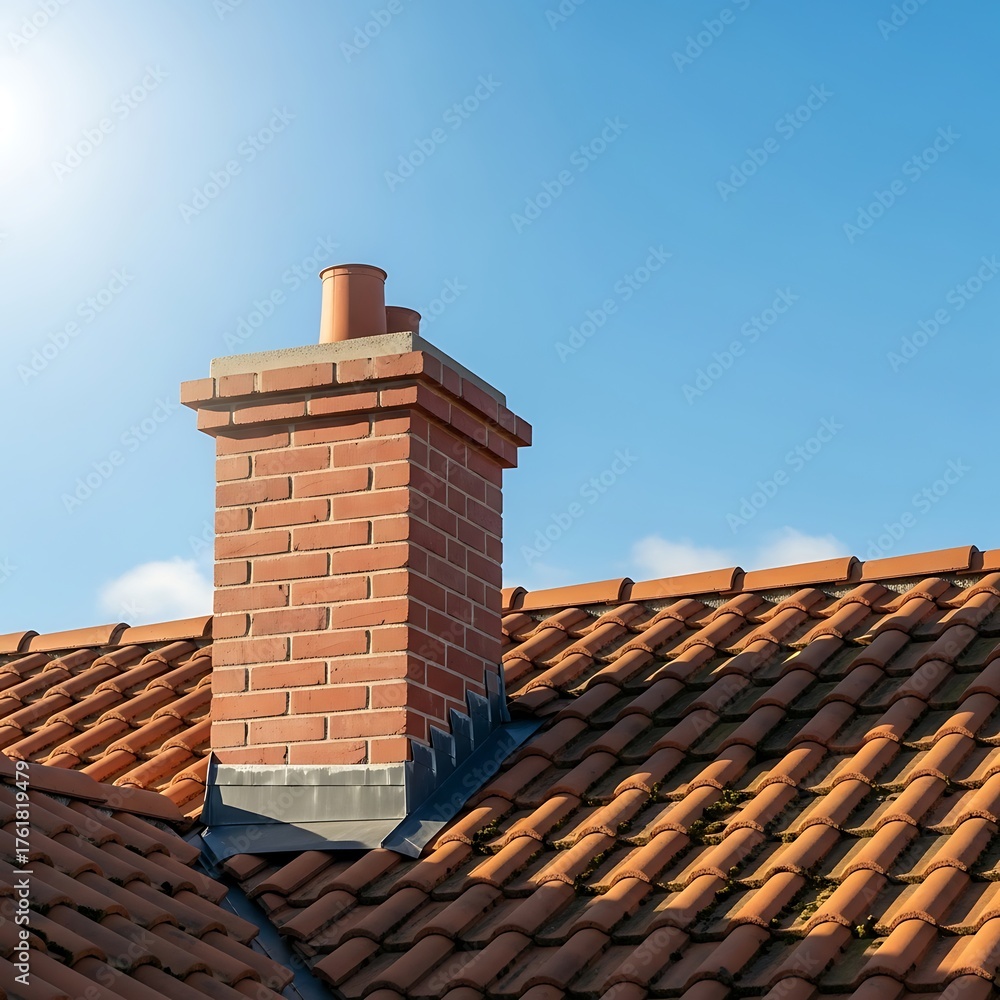 Naklejka premium A brick chimney on a terracotta-tiled roof under a bright blue sky, sunlight shining from the upper left corner