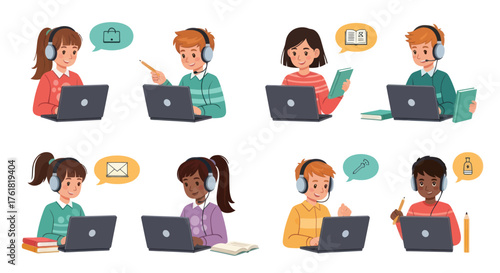 Diverse Children Learning Online with Laptops and Headphones.