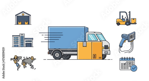 Fast Delivery Truck with Package Logistics and Shipping Concept Illustration.