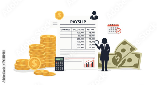 Detailed Payslip with Financial Elements and Businesswoman Illustration.