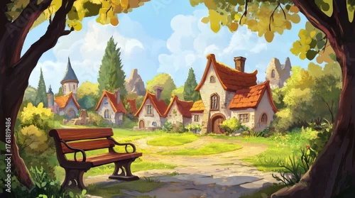 A view of a bench with a village. 4K animated video