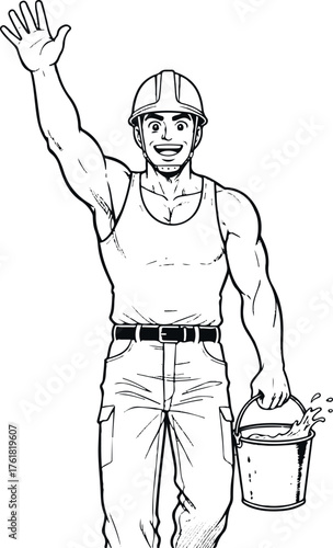 Friendly Builder Greeting: A strong and approachable builder waves with a warm smile, holding a bucket with the other hand, portraying an image of a professional at work. 