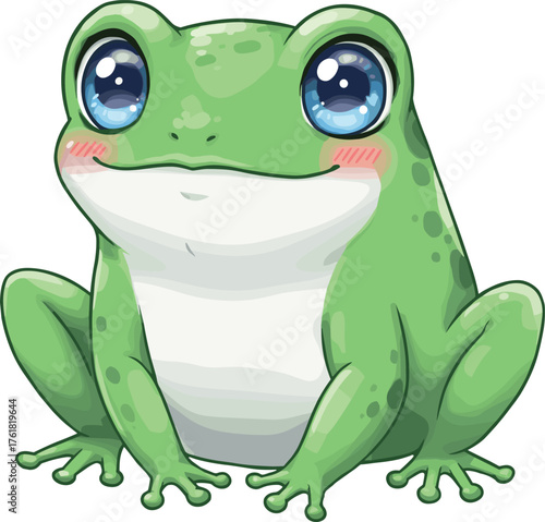 Cute cartoon frog, green amphibian character, vector illustration, children’s animal art, smiling frog clipart, white background, educational design