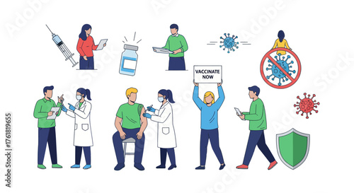 Vaccination and Immunity Concept Illustrations: People Receiving Shots Vaccine Vials and Virus Protection Symbols.