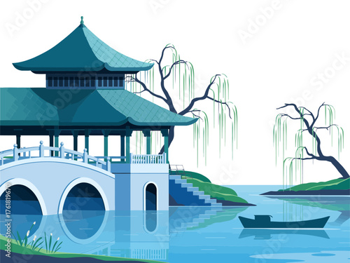 Lakeside garden pavilion, multi arch foundation, jade roof tiles, willow backdrop, rowboat nearby, serene cultural waterscape vector
