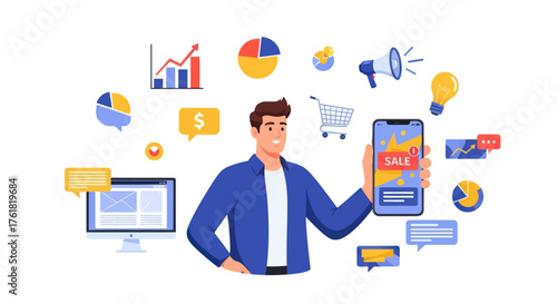 Man presenting mobile marketing and sales data with digital icons around him.