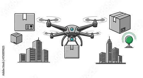 Futuristic drone delivering package over city skyline.