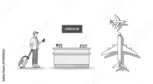 Traveler at Airport Check-In with Luggage and Passport Waiting Near Airplanes.