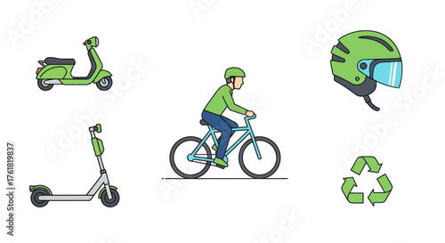 Eco-friendly urban transport icons: bicycle scooter and helmet.