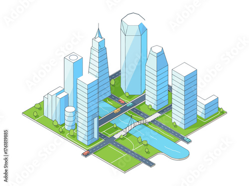 Modern smart city isometric, glass skyscrapers and roads, canal waterfront park, business district skyline, urban infrastructure vector