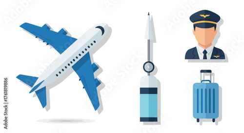Airplane Pilot Oxygen Tank and Suitcase: Aviation and Travel Icons.