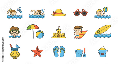 Collection of cartoon beach and summer activity icons.