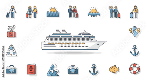 Detailed Illustration of a Large White Cruise Ship on the Sea.