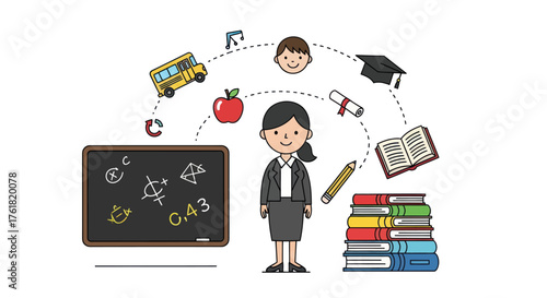 Cartoon Teacher Surrounded by Educational Icons and School Supplies.
