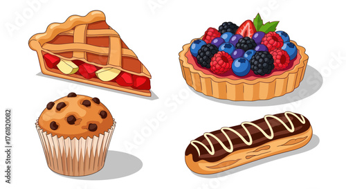 Assorted Pastries: Cherry Pie Slice Berry Tart Chocolate Chip Muffin and Chocolate Eclair.