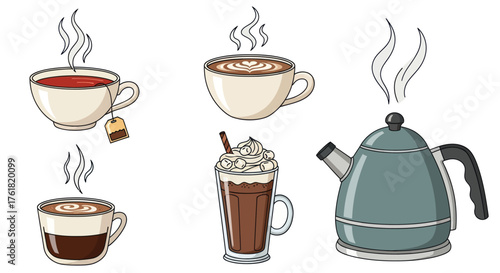 Steaming Hot Beverages and Kettle Cartoon Illustration.