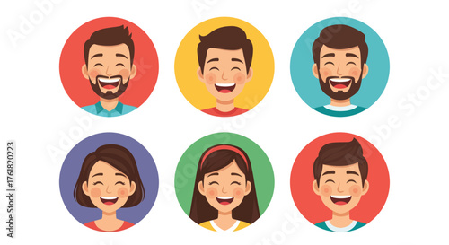 Diverse group of happy people with smiling faces in colorful circles.