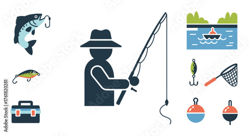 Silhouette Fisherman with Fishing Rod and Tackle Flat Design.