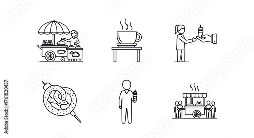 Collection of Line Art Icons Representing Street Food and Beverages.