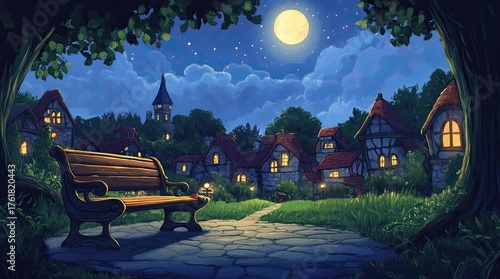 A view of a bench with a village and the moon at night. 4K animated video