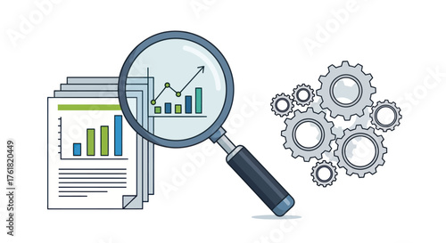 Financial Data Analysis Concept with Magnifying Glass and Gears.