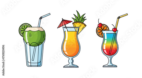 Three colorful tropical cocktails with garnishes and straws.