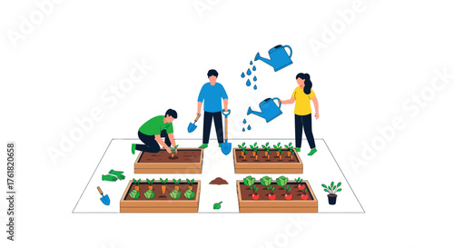 Flat vector illustration of a group of people gardening together planting and watering seedlings in raised beds.