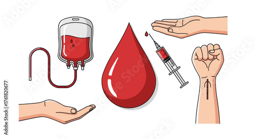 Blood donation equipment and human hands symbolizing giving.