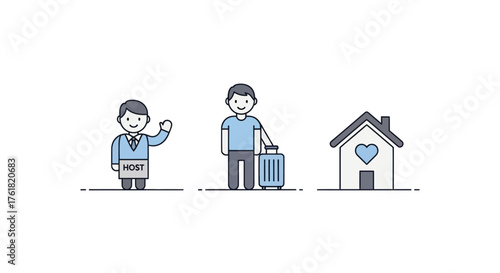 Line Art Icons: Host Traveler with Luggage and Home Accommodation.