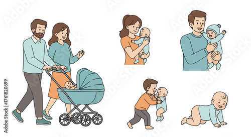 Set of family life illustrations with parents a sibling and a newborn baby in various activities.