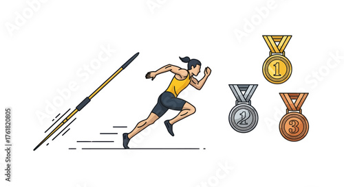 Energetic Female Runner Sprinting Towards Victory with Medals.