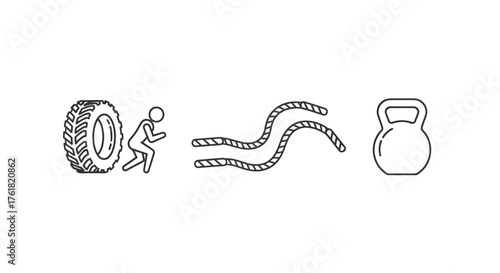 Fitness Workout Icons: Tire Flip Battle Ropes Kettlebell Line Art.
