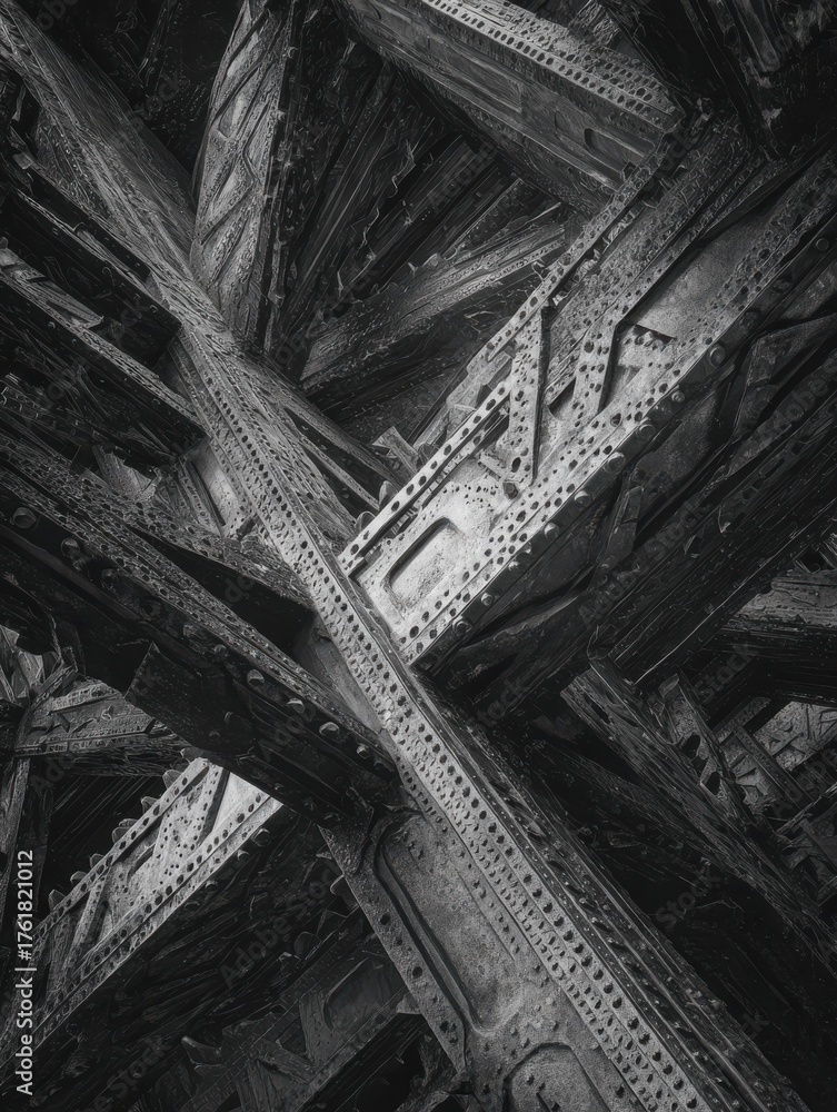 Fototapeta premium Industrial abstract black and white photo of metal beams in geometric structure.