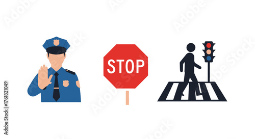 Traffic Control and Road Safety Icons: Police Officer Stop Sign Pedestrian Crossing.